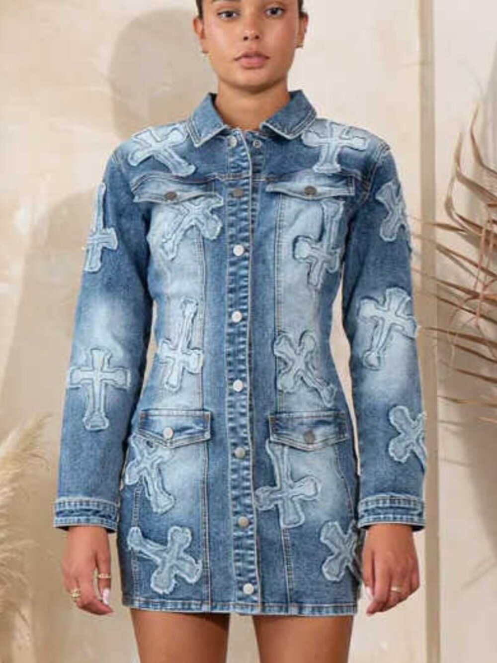 Cross Stitch Distressed Denim Mini Dress